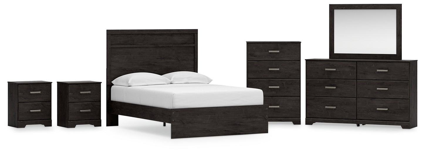 Belachime Full Panel Bed with Mirrored Dresser, Chest and 2 Nightstands